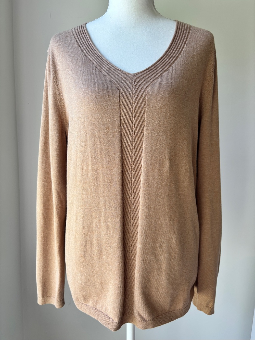 Talbots Camel V-Neck Chevron 100% Cotton Knit Sweater - L